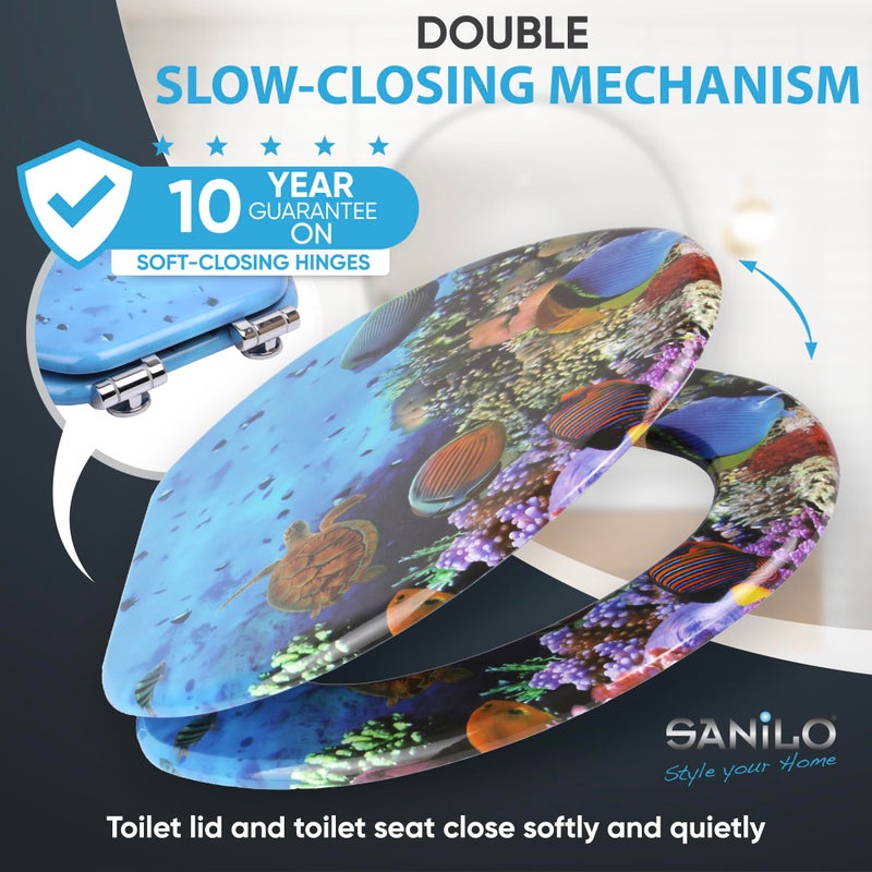 SANILO Wooden Toilet Seat with Soft Close [ELONGATED] - Decorative, Quiet & Slow Close Molded Wood Seat - With Strong Bumpers & Hinges - Adjustable Fit - Ocean - Image 2